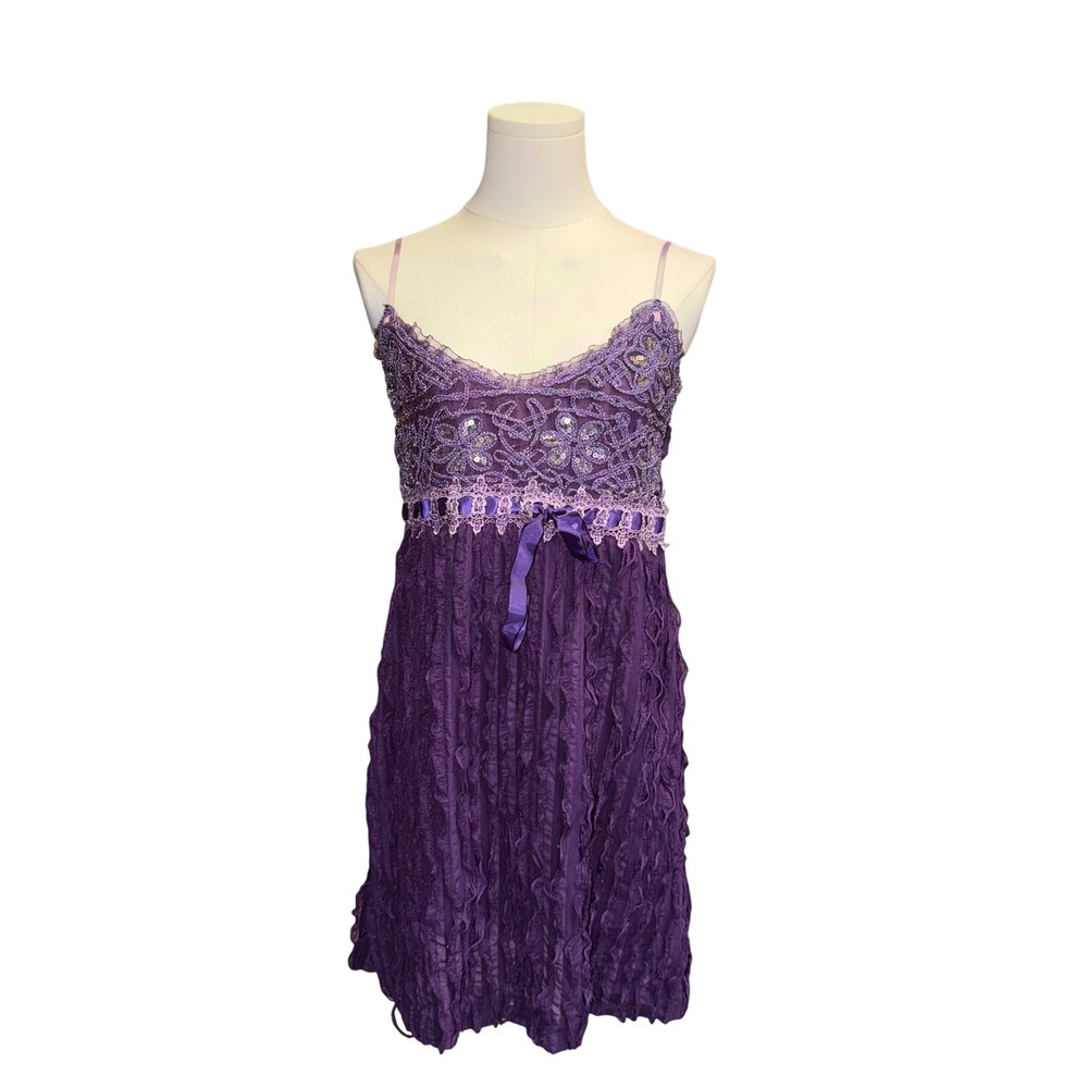 Moding Purple Lace Sequin Ruffle Mini Dress Euro y2k Fairycore Coquette S